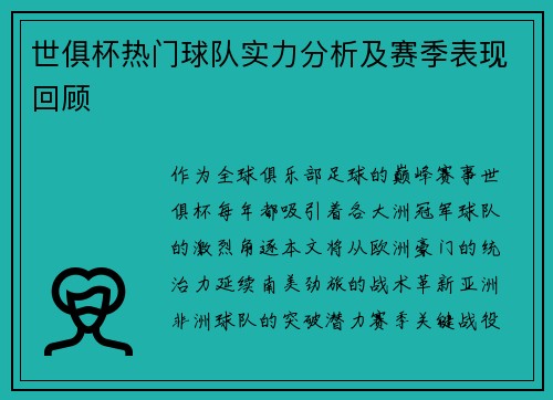 世俱杯热门球队实力分析及赛季表现回顾